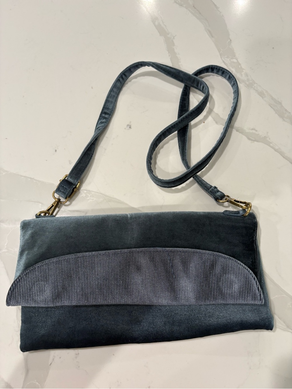 By Anthropoligie Slate Blue Velvet Crossbody Clutch with Gold Hardware